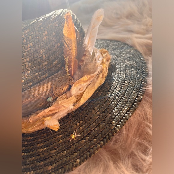 Custom-Made HandCrafted Beach Straw Fedora Hat with crystals, feathers, ribbons - Picture 8 of 8